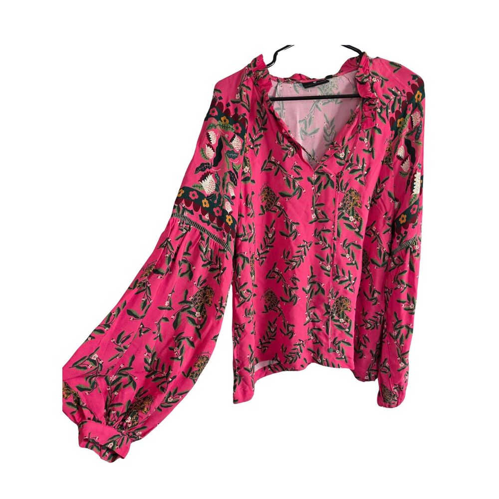 NWT Emily Lovelock Emma Pink Floral Leopard Print Balloon Sleeve Blouse L